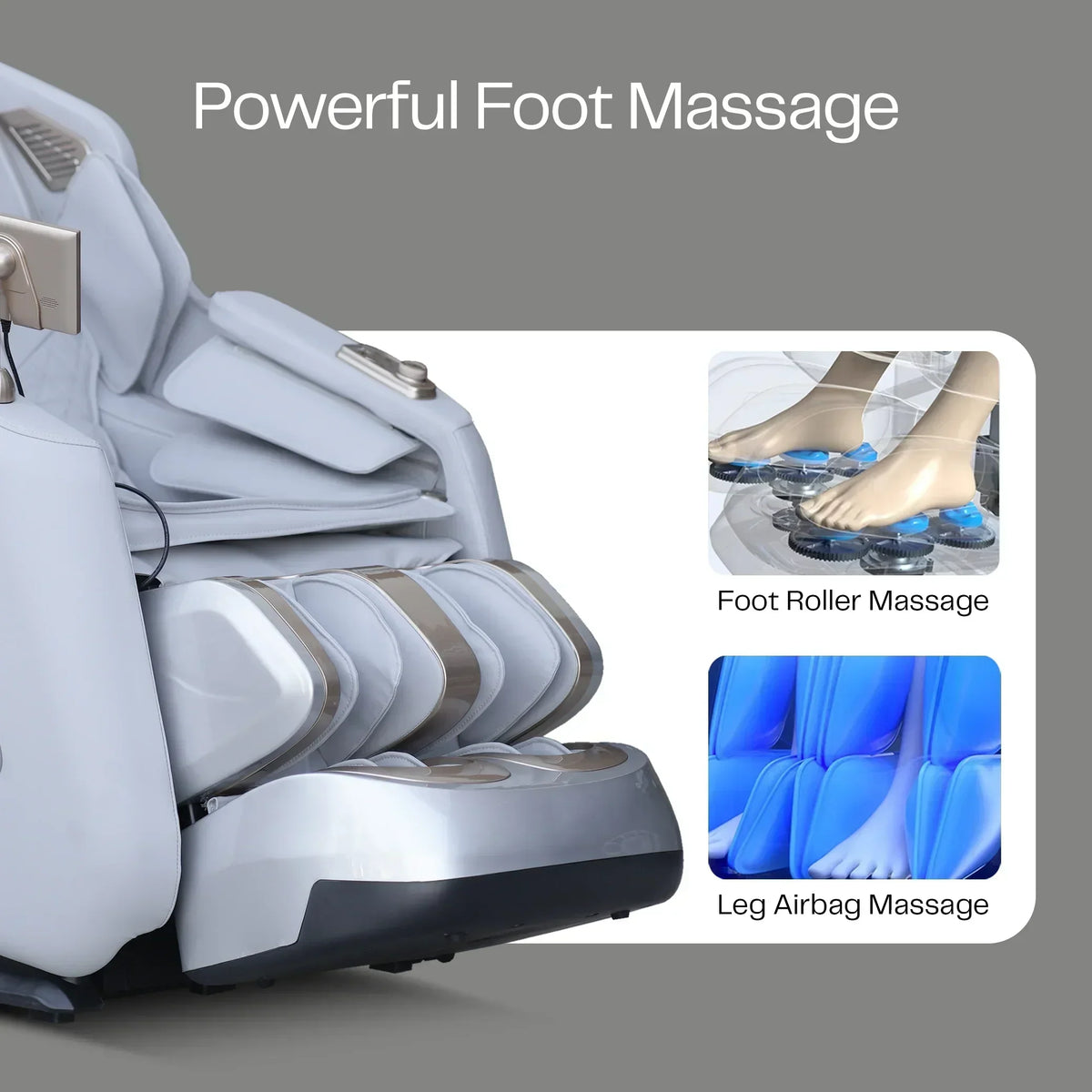 Gray massage chair with foot roller and leg airbag massage features, powerful foot massage