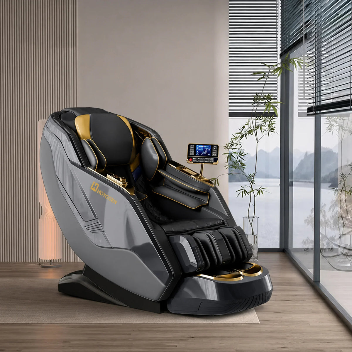 Luxury black and gold full body massage chair with digital control panel in modern room