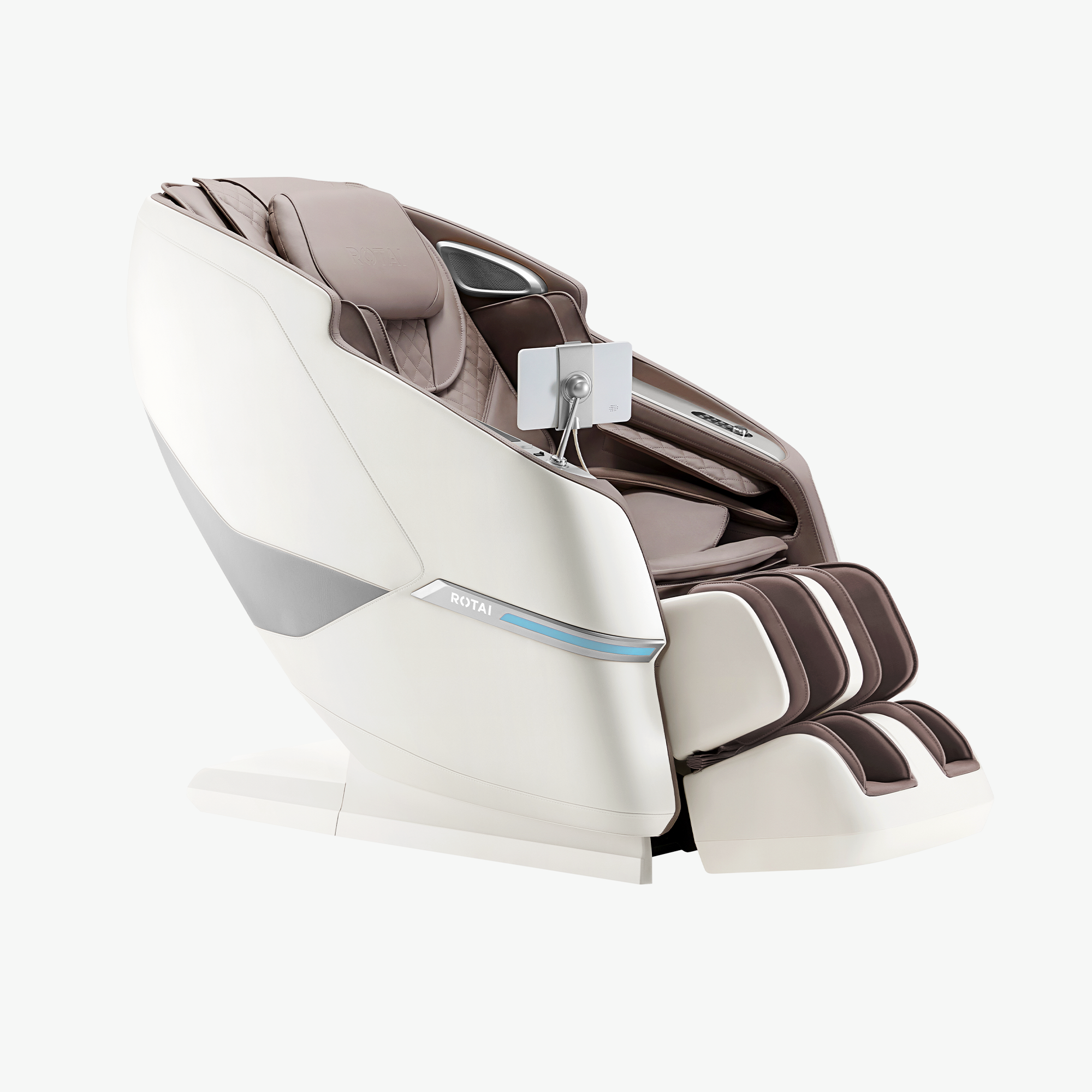 A modern NuTi massage chair in off-white and brown, shown from a three-quarters angle on a clean white background.