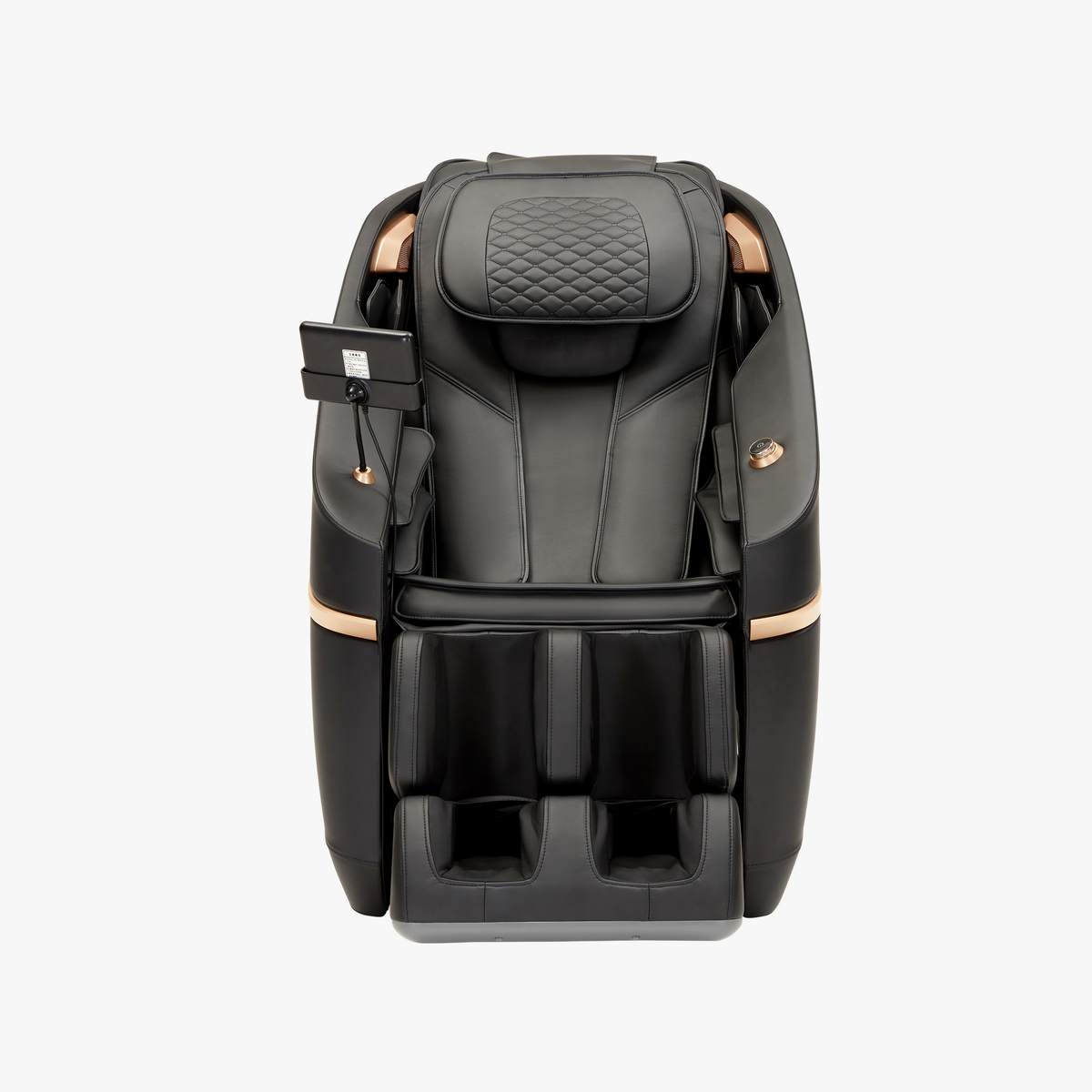A black leather massage chair with rose gold metallic accents, shown from a front-facing perspective on a clean white background.