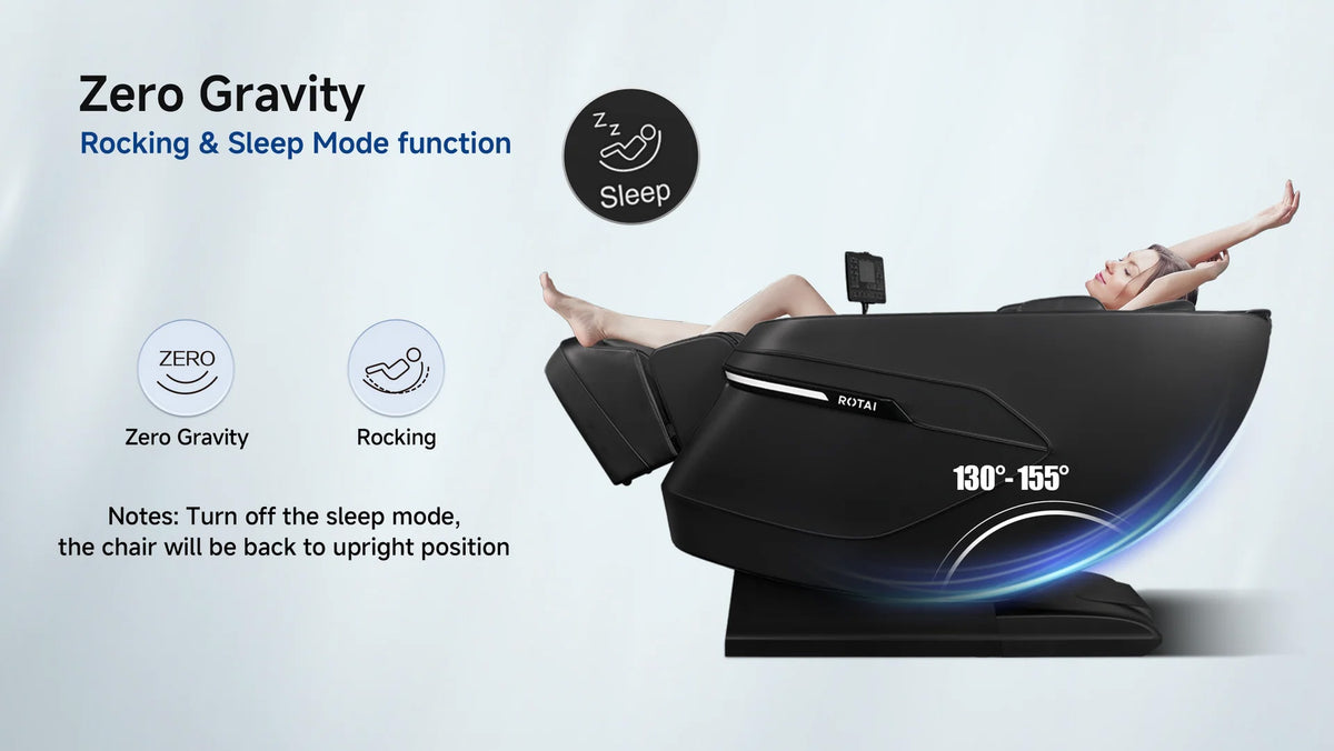 A black NUORU massage chair shown reclining with a woman's legs extended, on a light gray background with feature callouts and text including 'Zero Gravity' and 'Rocking & Sleep Mode function'.
