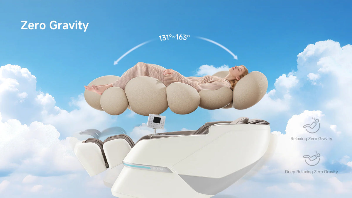 A white and gray zero-gravity massage chair floating against a blue sky with clouds. A woman is reclining on the cushioned top surface, with text reading 'Zero Gravity' and '131°-163°' indicating the tilt range.