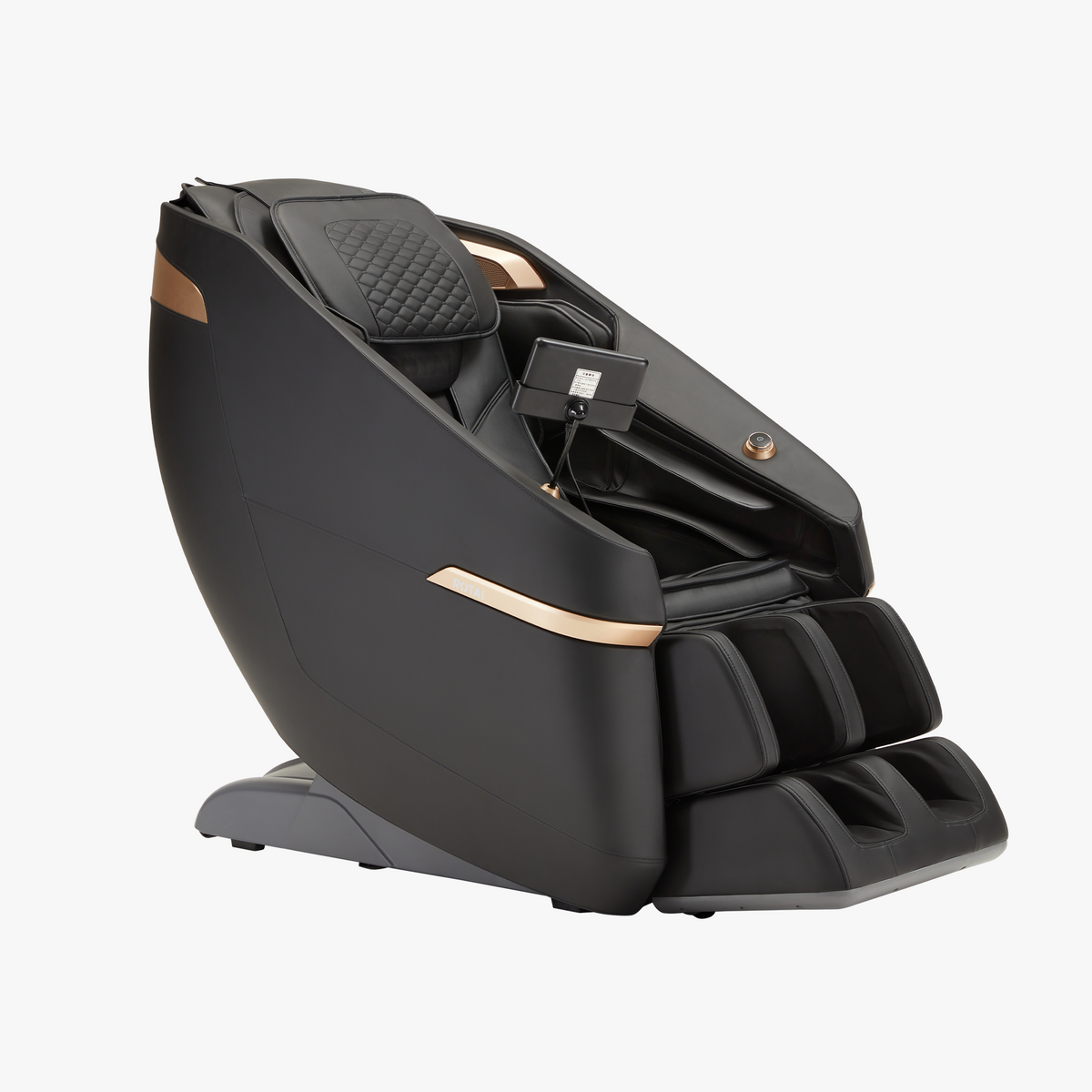 A modern black massage chair with metallic bronze trim accents, shown from a three-quarters angle against a light gray background.