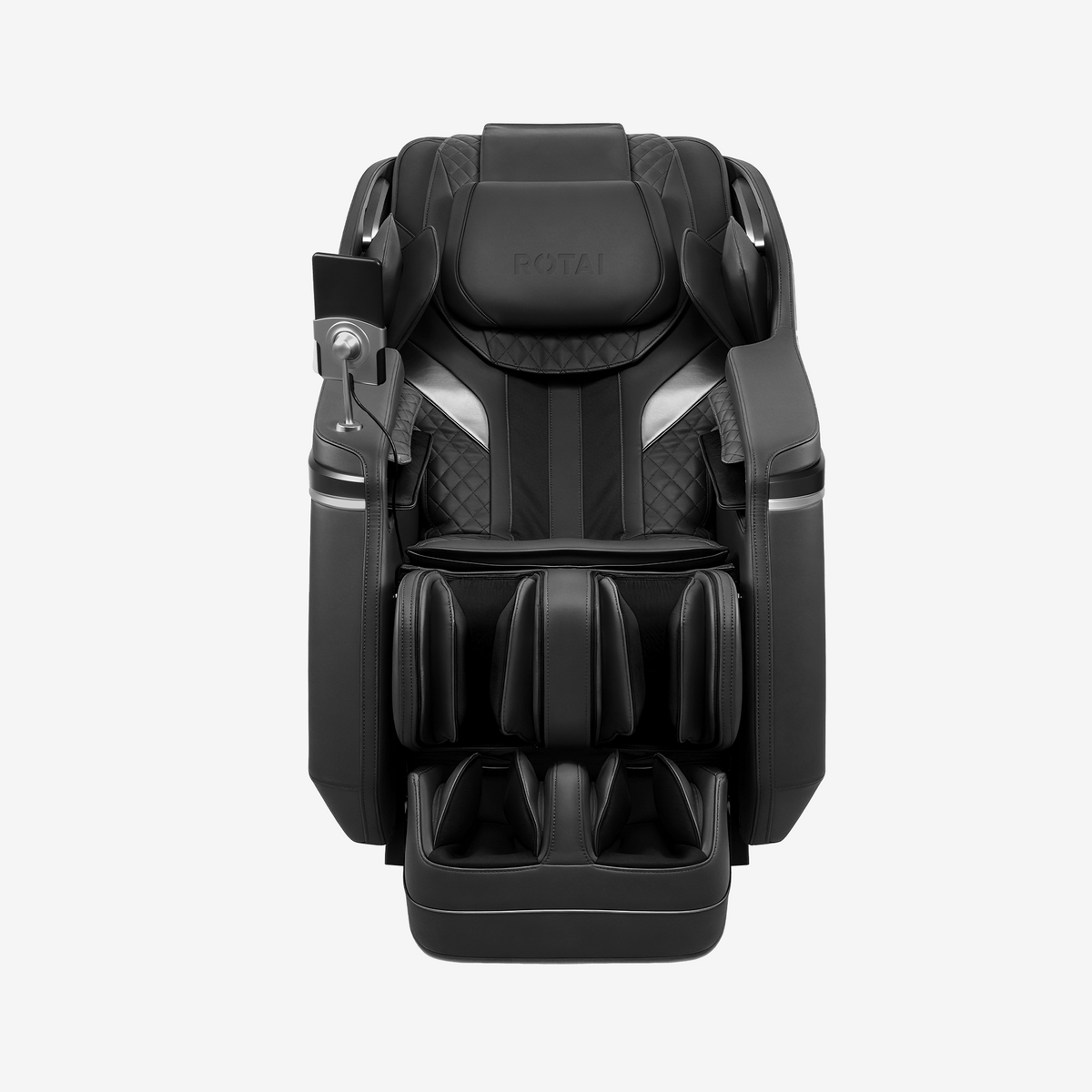 A black modern massage chair with quilted stitching and silver-gray trim details, shown from a front-facing perspective on a light gray background.