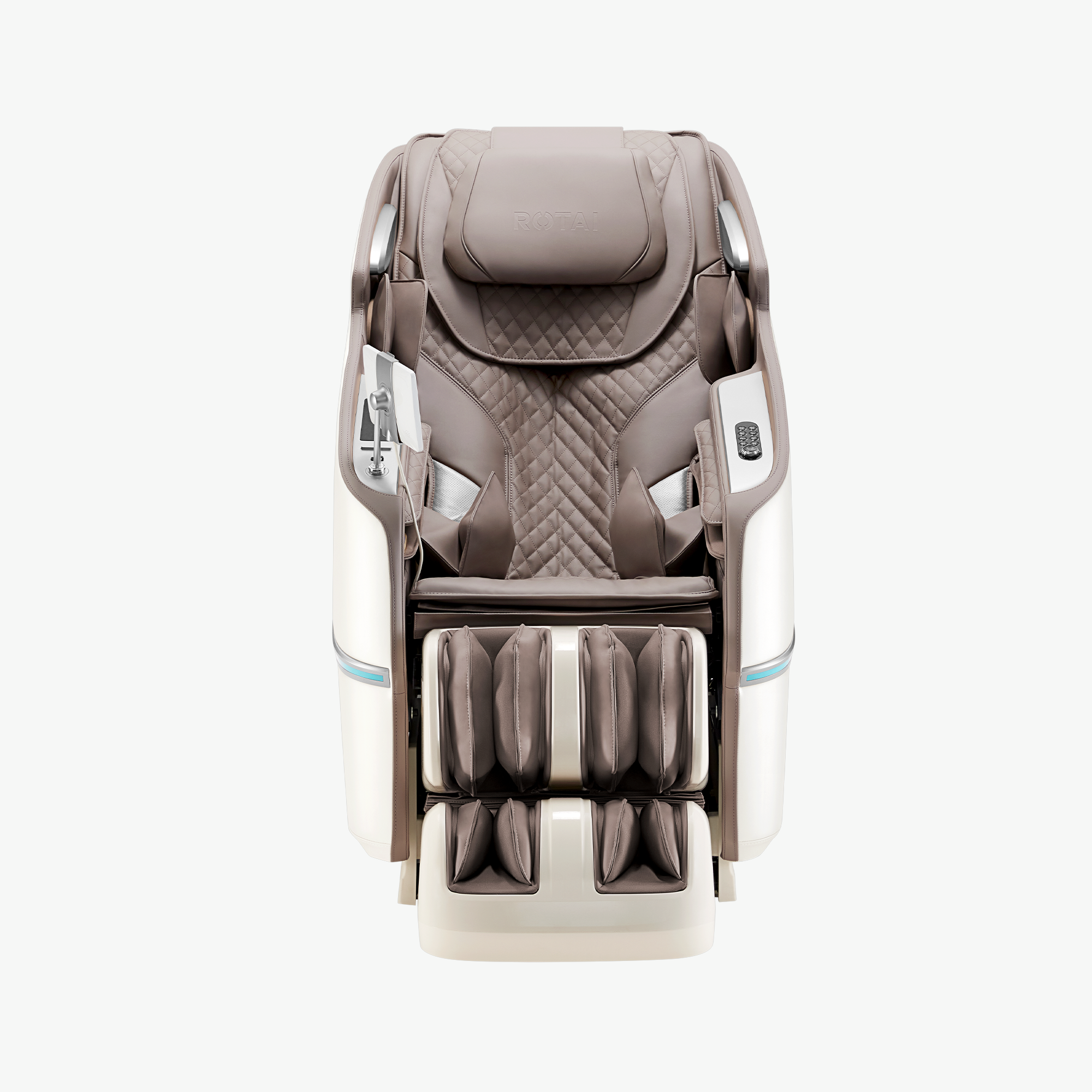 A luxury automatic massage chair in taupe brown and cream, shown from a top-down perspective on a clean white background.