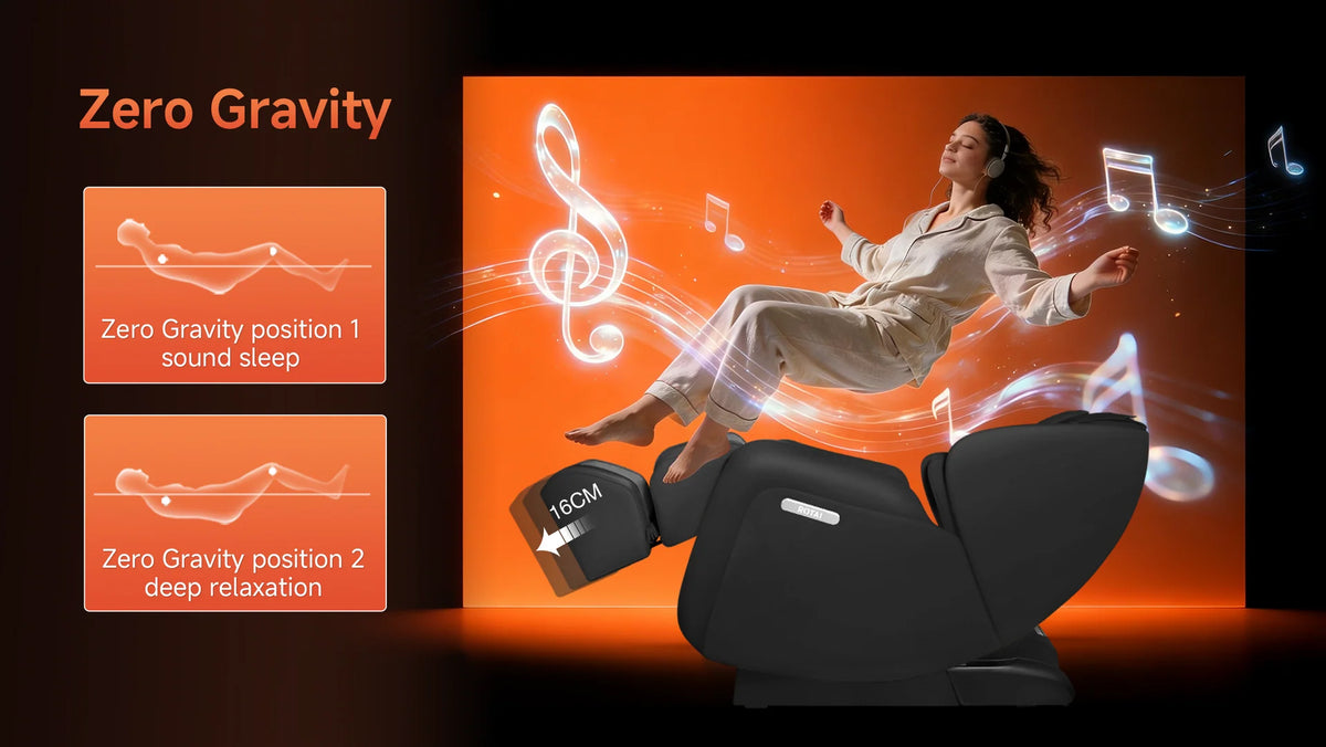 A black zero-gravity massage chair shown against a glowing orange background with a woman floating in the air, surrounded by musical note graphics. Text on the left describes two zero-gravity positions: sound sleep and deep relaxation.
