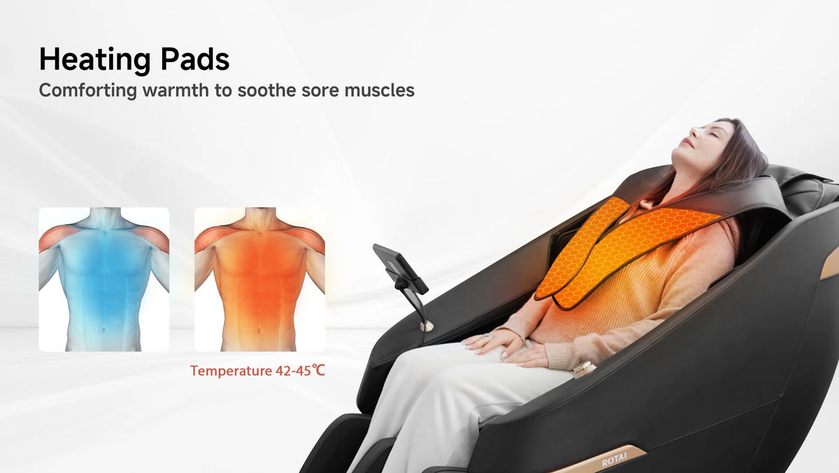 A woman reclines in a black massage chair wearing an orange heating pad on her neck and upper back. Text at the top reads 'Heating Pads' with a description of comforting warmth for sore muscles, and two small body heat diagrams appear on the left.