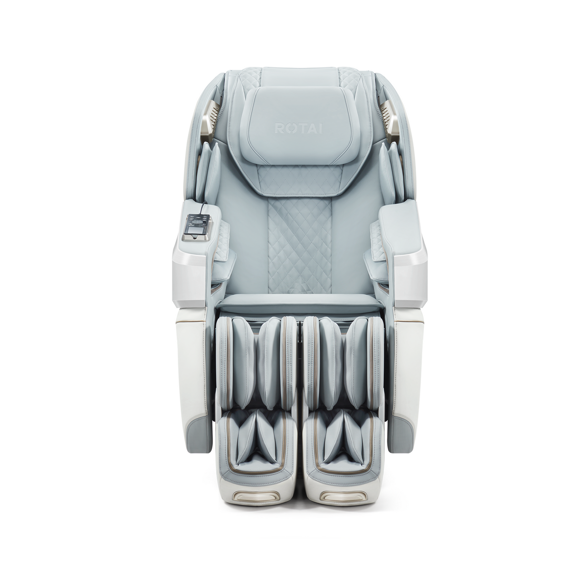 A light gray and silver Rastai massage chair shown from the front on a solid white background.