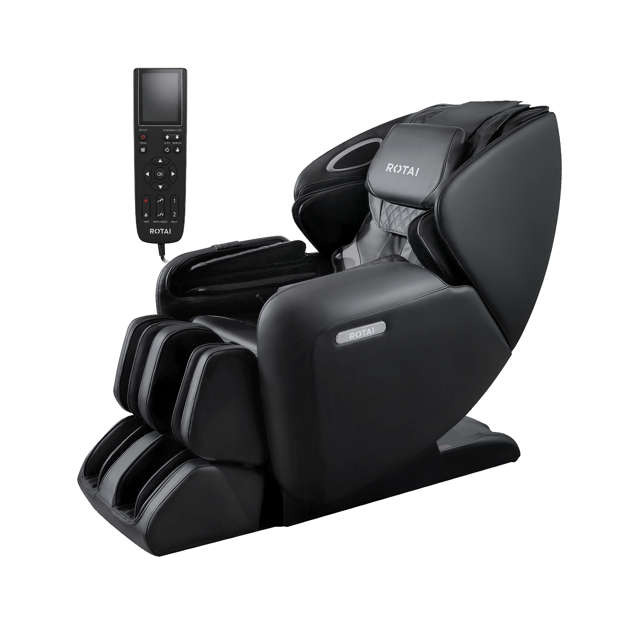 A black ROTAI full-body massage chair with an adjustable headrest, built-in foot massage rollers, and a separate black remote control floating beside it on a plain white background.