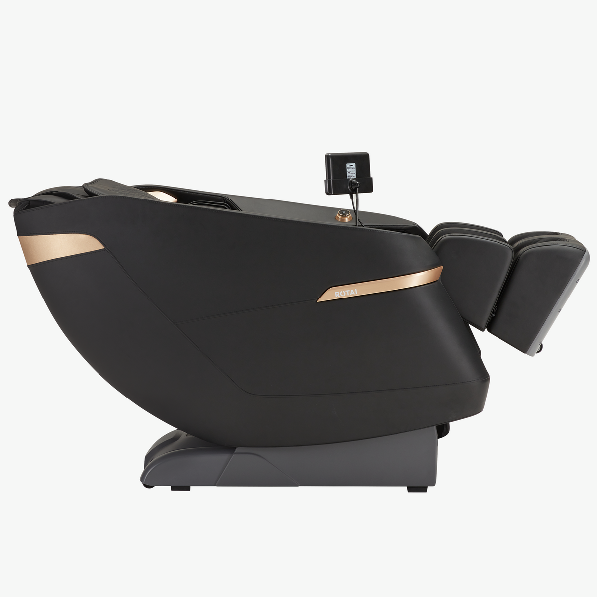 A modern black massage chair with metallic rose gold accents and a small digital control screen, shown from a side profile on a clean white background.