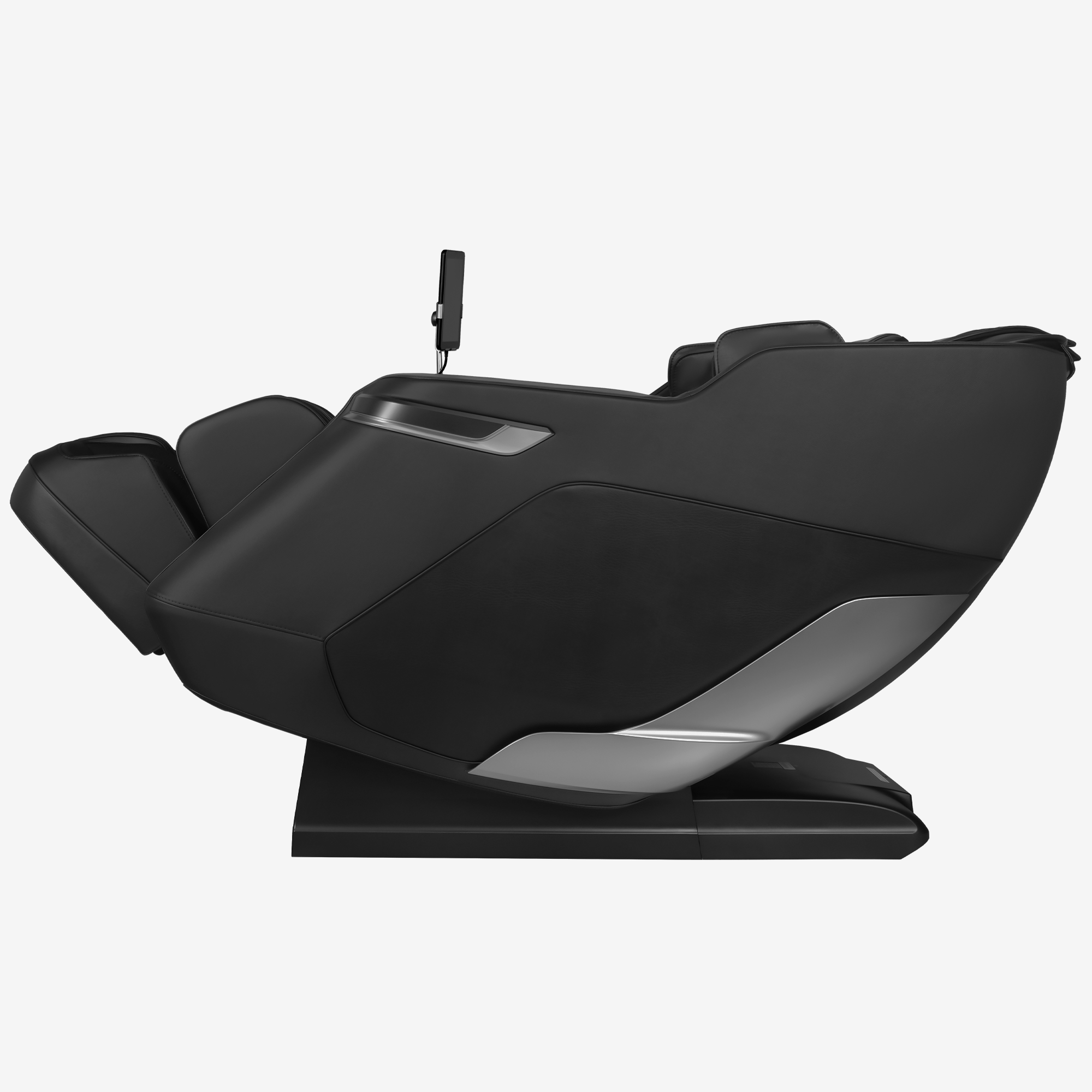A modern black massage chair with a sleek, ergonomic design and silver accent panels, shown from a side profile view on a light gray background.