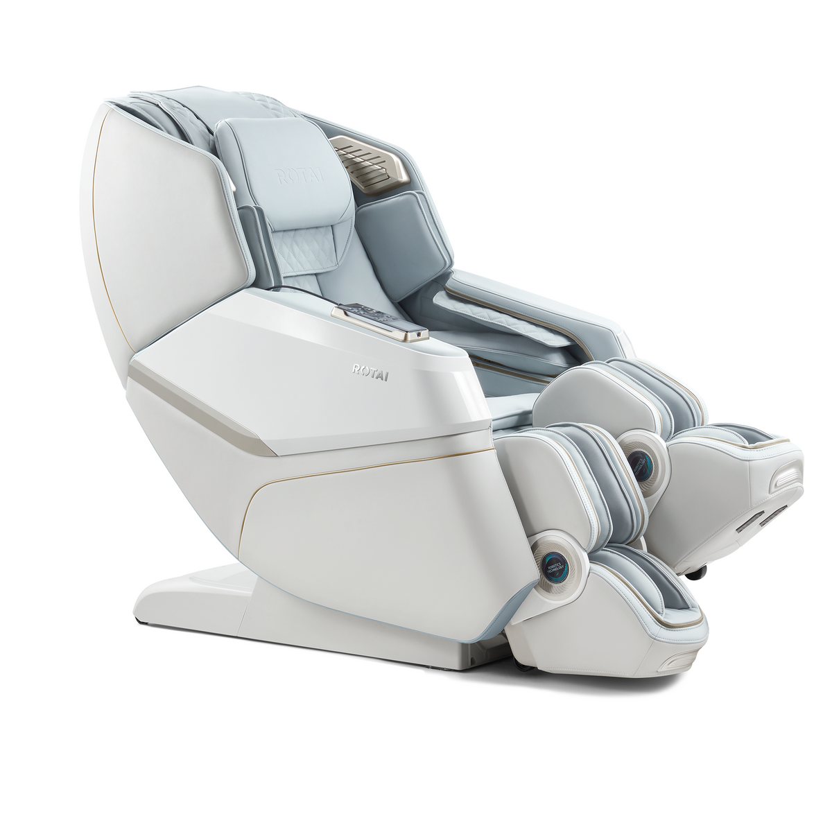 A modern white and light gray massage chair shown from a three-quarters angle on a clean white background.
