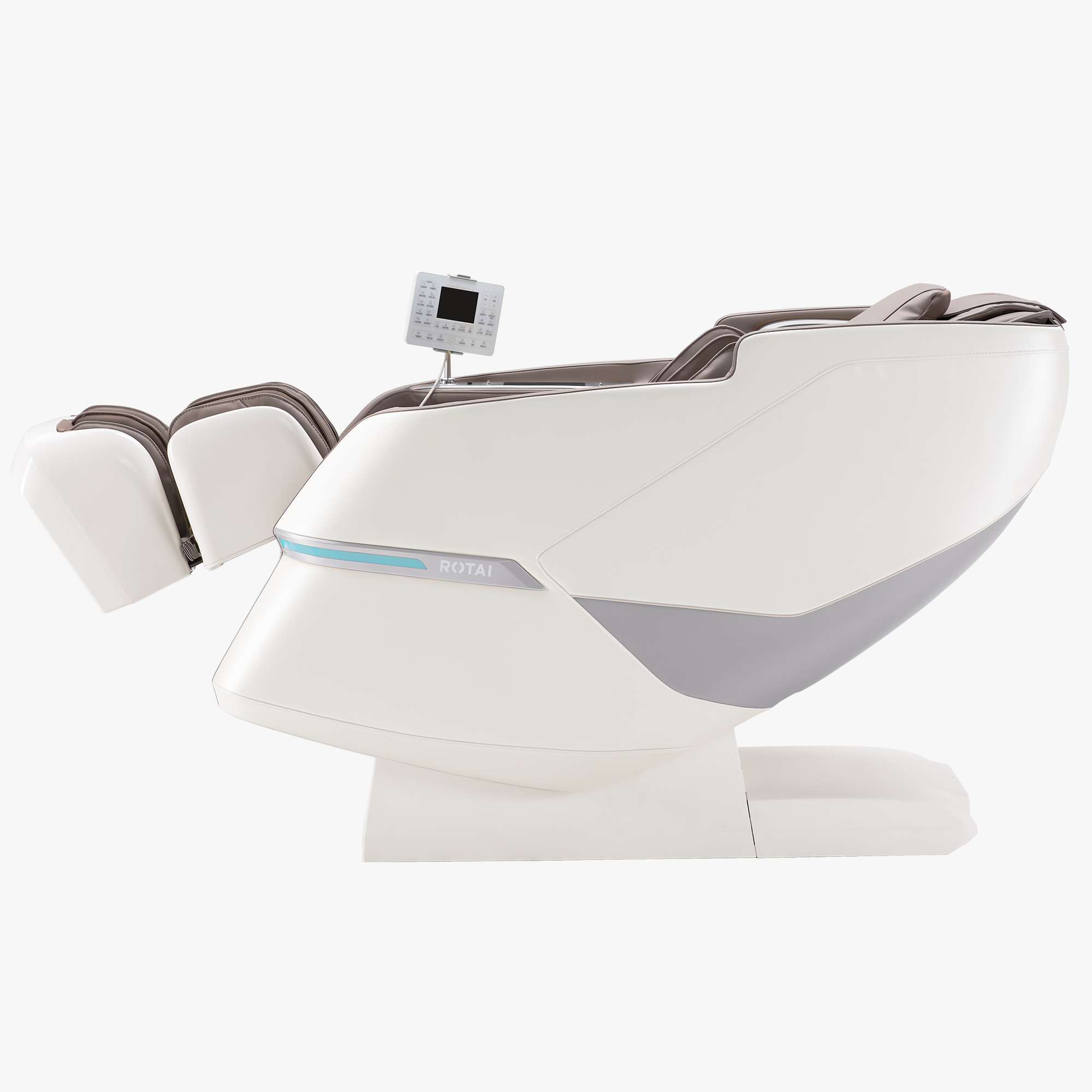 A modern Royal massage chair in white and gray with a small control screen, shown on a clean white background.