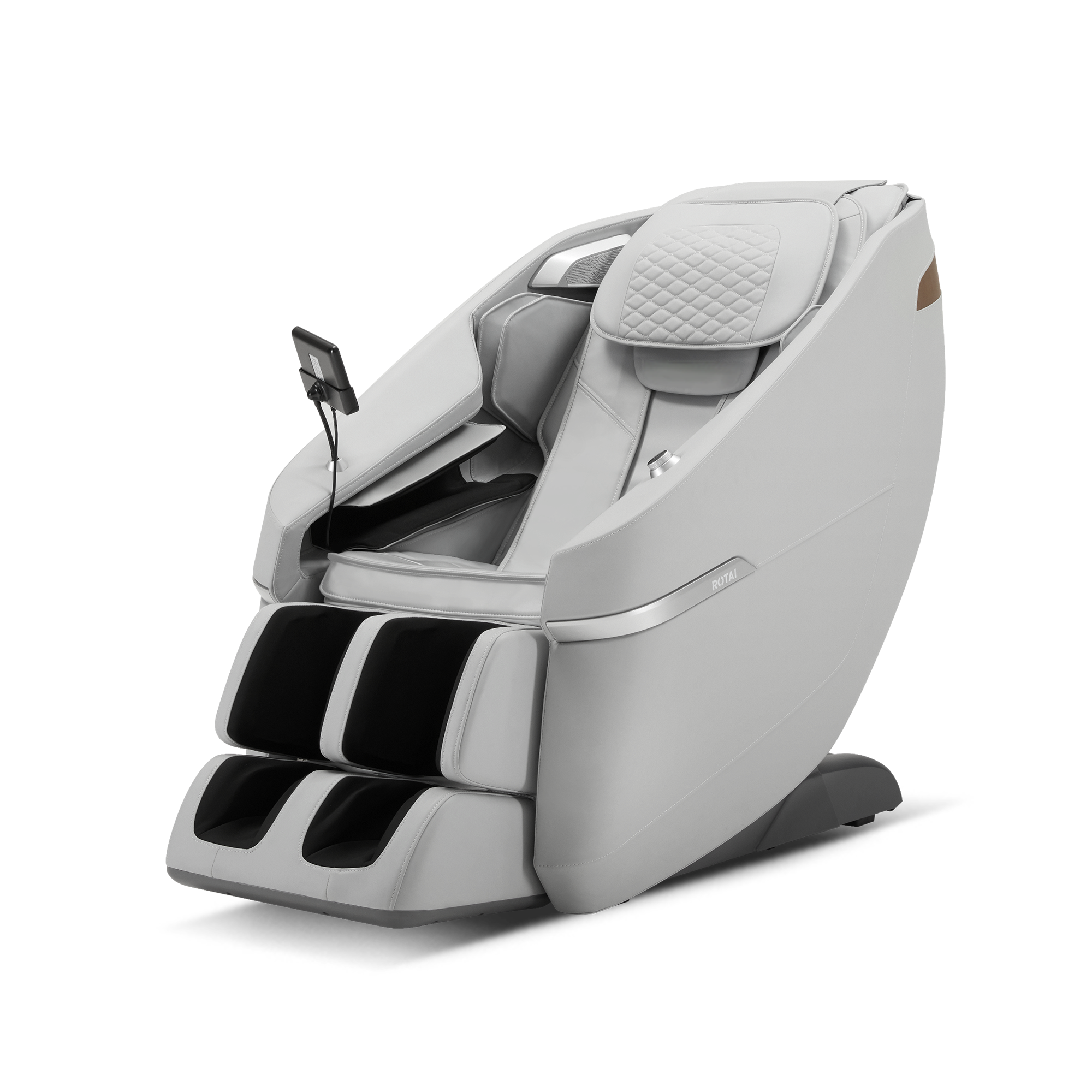 A modern automatic massage chair in light gray and black, shown from a three-quarters angle on a solid white background.