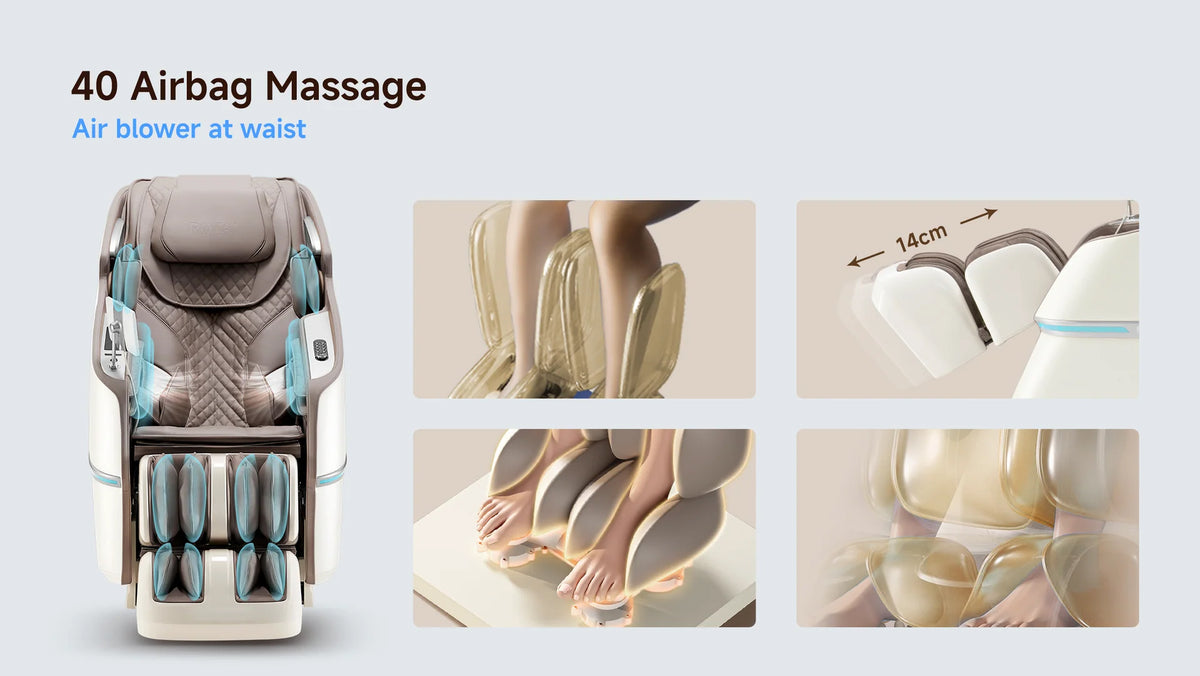 A massage chair shown on a light gray background with feature callouts and inset detail photos. The main product is a beige and white massage chair with blue-gray accent cushions and text reading '40 Airbag Massage' and 'Air blower at waist.