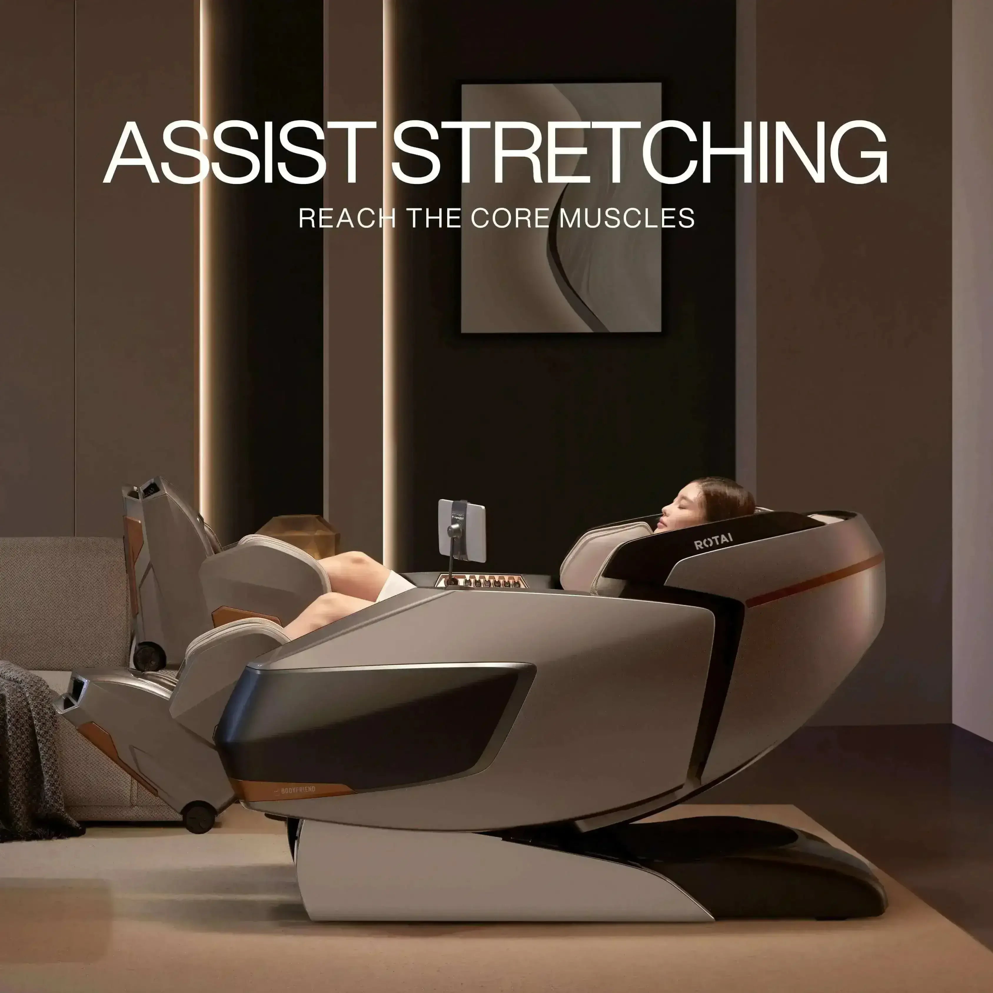 Woman relaxing in a ROTAI massage chair in modern living room, assist stretching feature shown