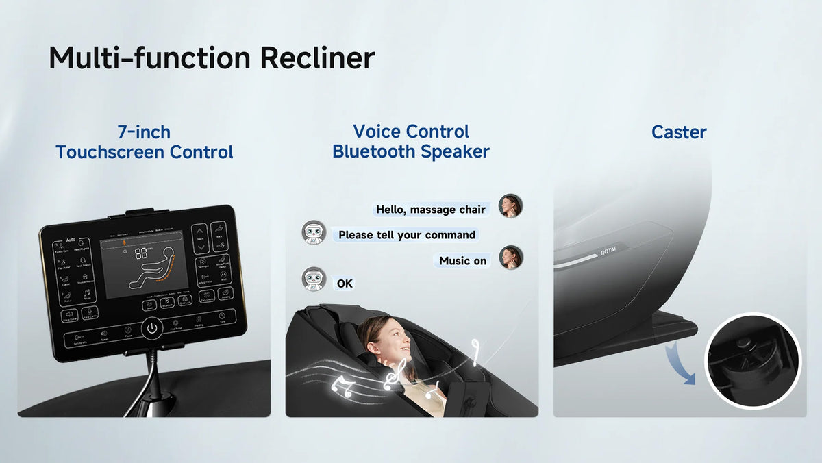 A promotional infographic for a multi-function recliner chair, showing three feature callouts: a 7-inch touchscreen control display, a voice control Bluetooth speaker demonstration with a person reclining, and a close-up of the caster wheel. The background is a clean light gray gradient.