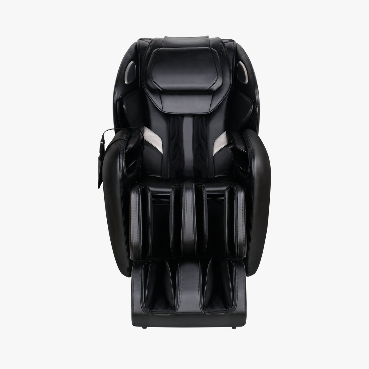Black massage chair with white accent stripes, shown from a front-facing perspective on a light gray background.