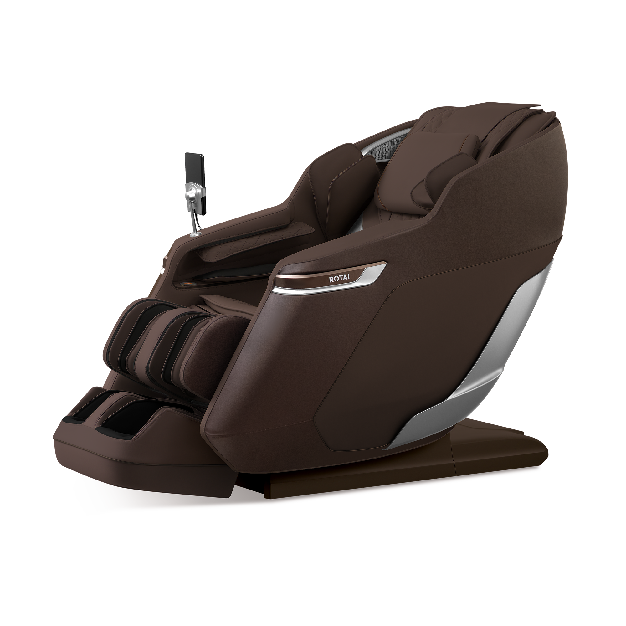 A dark brown ROYAL massage chair with silver accents, shown from a three-quarters angle on a solid white background.