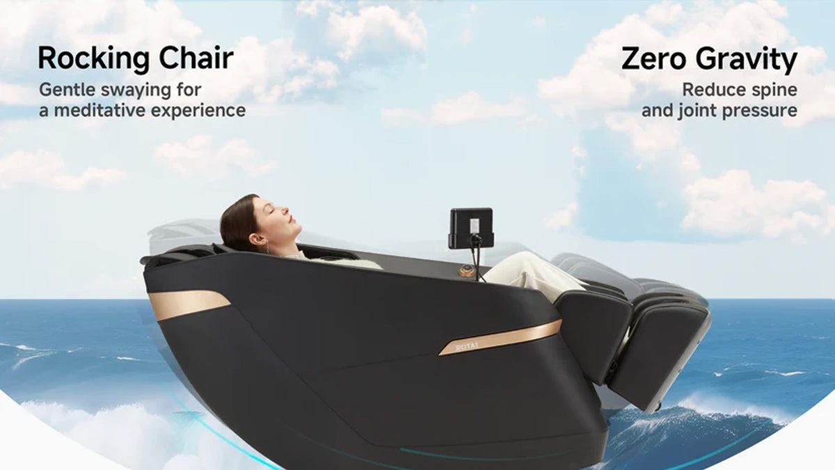 A black rocking massage chair with a person reclining inside, set against a sky-and-sea backdrop with promotional text reading 'Rocking Chair' and 'Zero Gravity'.