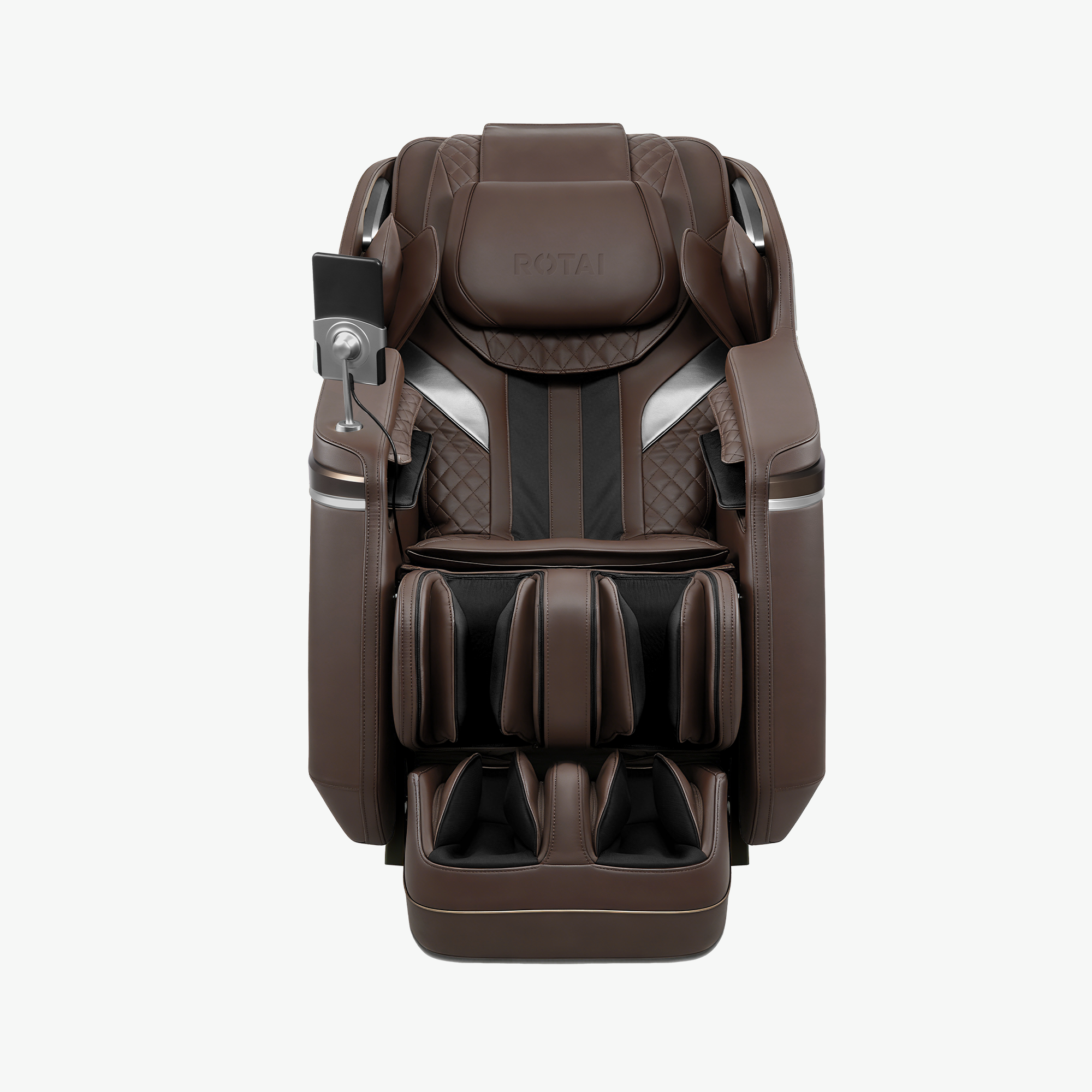 A brown and black automatic massage chair with a headrest, lumbar support, and foot rest, shown from a front-facing perspective on a light gray background.
