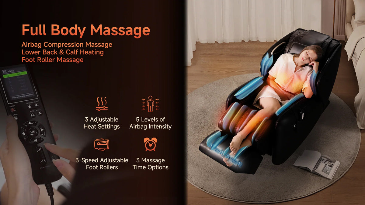A full-body massage chair shown in a bedroom setting with a woman reclining inside, alongside feature callouts and a close-up of a handheld remote. The left side includes text describing airbag compression massage, lower back and calf heating, foot roller massage, adjustable settings, and massage time options.