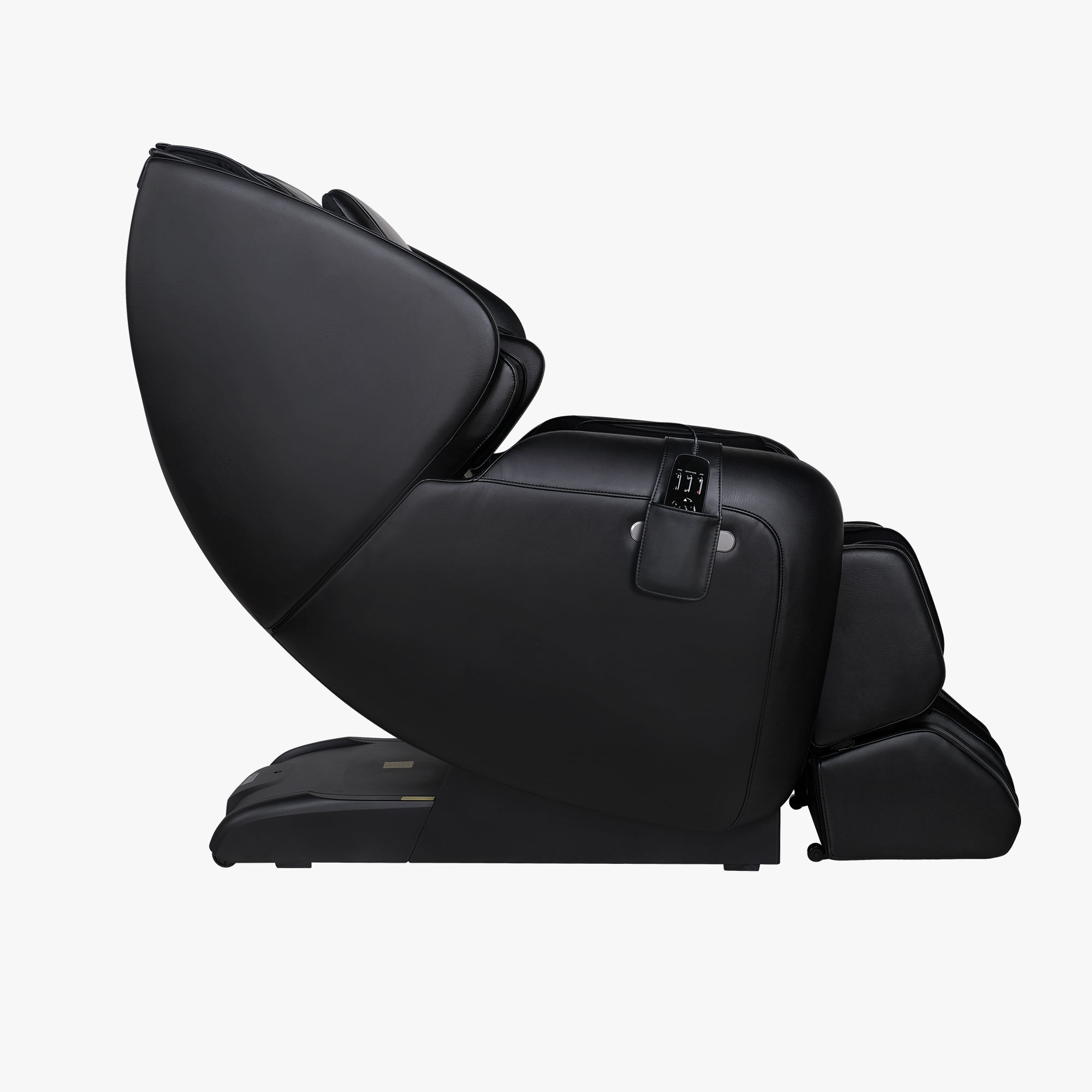A black massage chair shown from a side profile view against a clean white background.