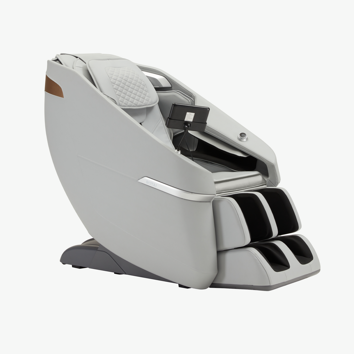 A modern automatic massage chair in light gray and black, shown from a three-quarters angle on a clean white background.