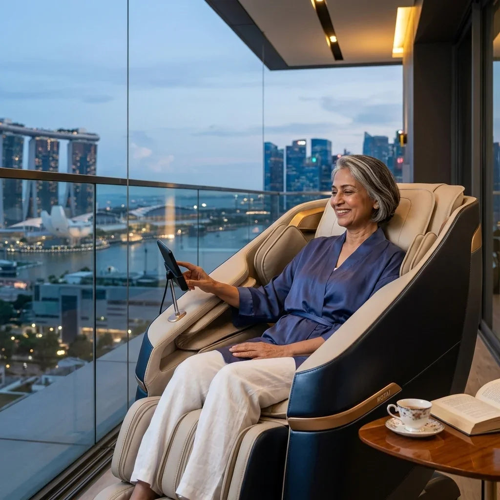 Woman using a tablet in a modern massage chair with a cityscape view