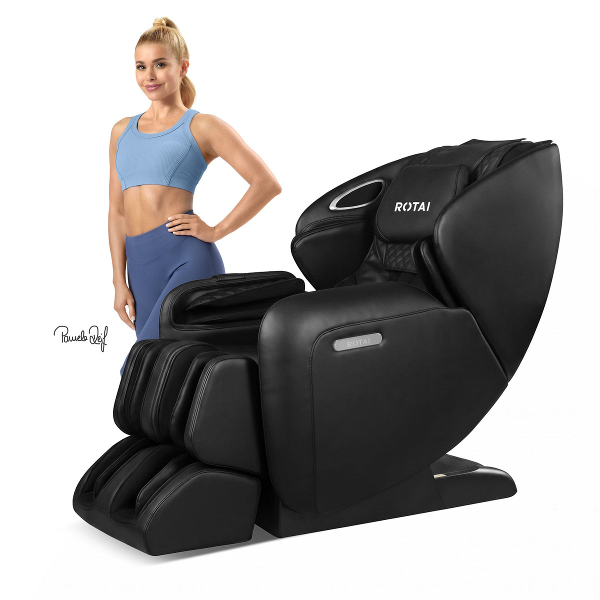 A black ROTAI massage chair shown on a white background with a woman in athletic wear standing beside it. The chair has padded head, back, and leg sections, and the ROTAI brand name is visible on the headrest.