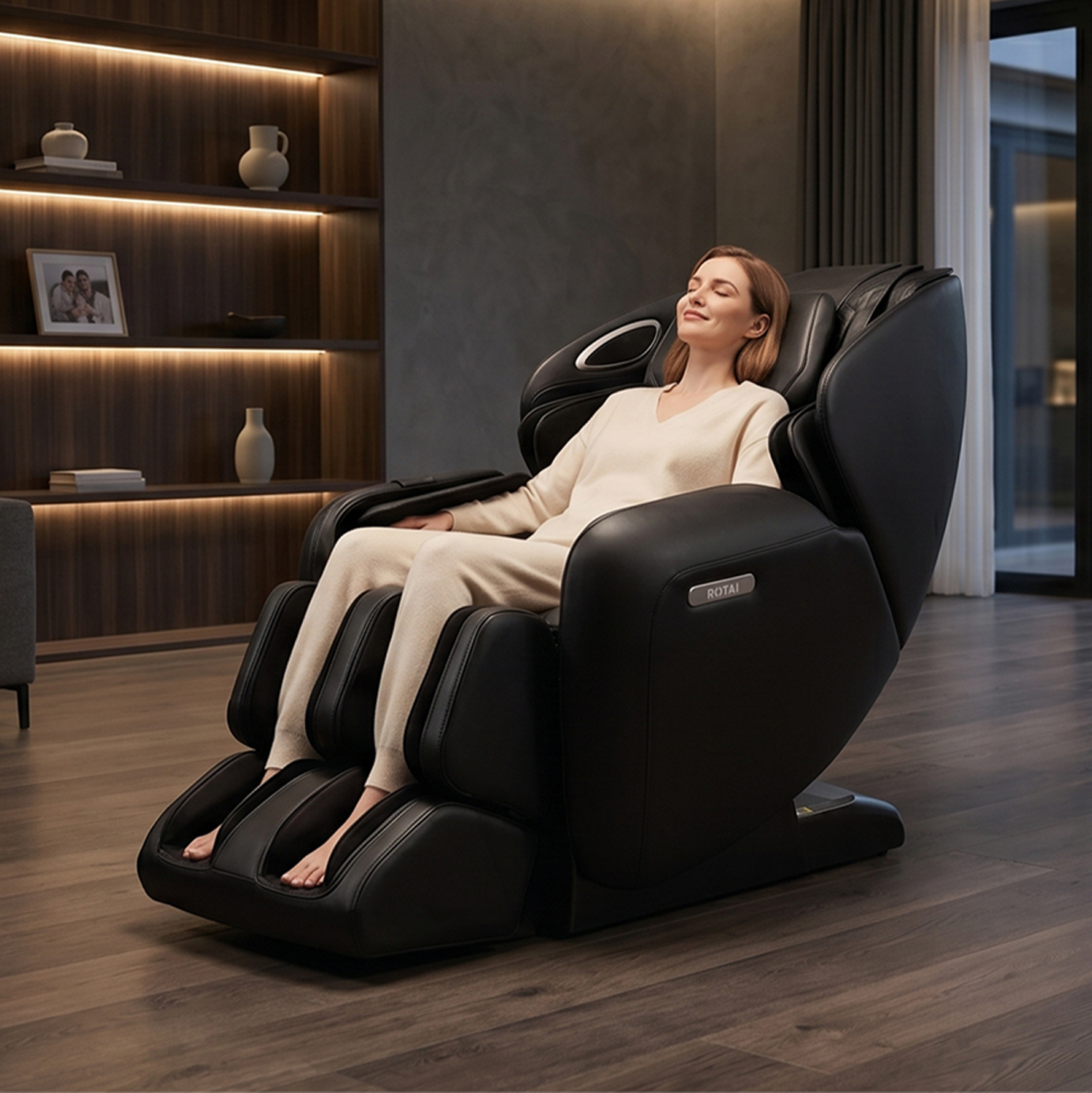 A woman in a cream-colored lounge set sits comfortably in a black massage chair inside a modern living room with wood floors and built-in shelves.