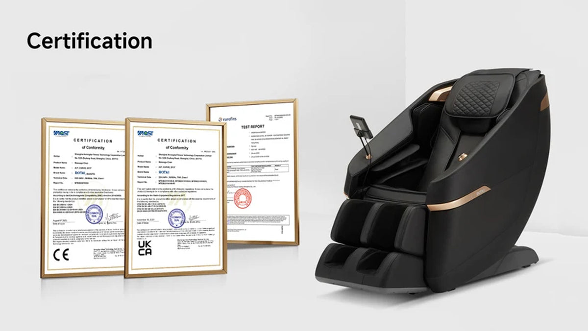 A black massage chair with gold trim is shown next to three framed certification documents on a light gray background, with the word 'Certification' at the top left.