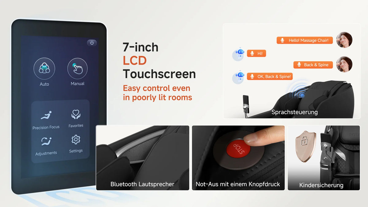 A promotional graphic for a 7-inch LCD touchscreen car seat control module. The left side shows the black rectangular touchscreen unit with a blue user interface.