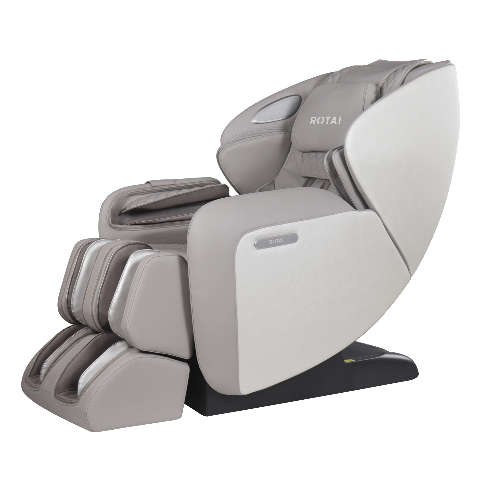 A modern ROTAI massage chair in light gray and beige, shown from a three-quarters angle on a solid white background.
