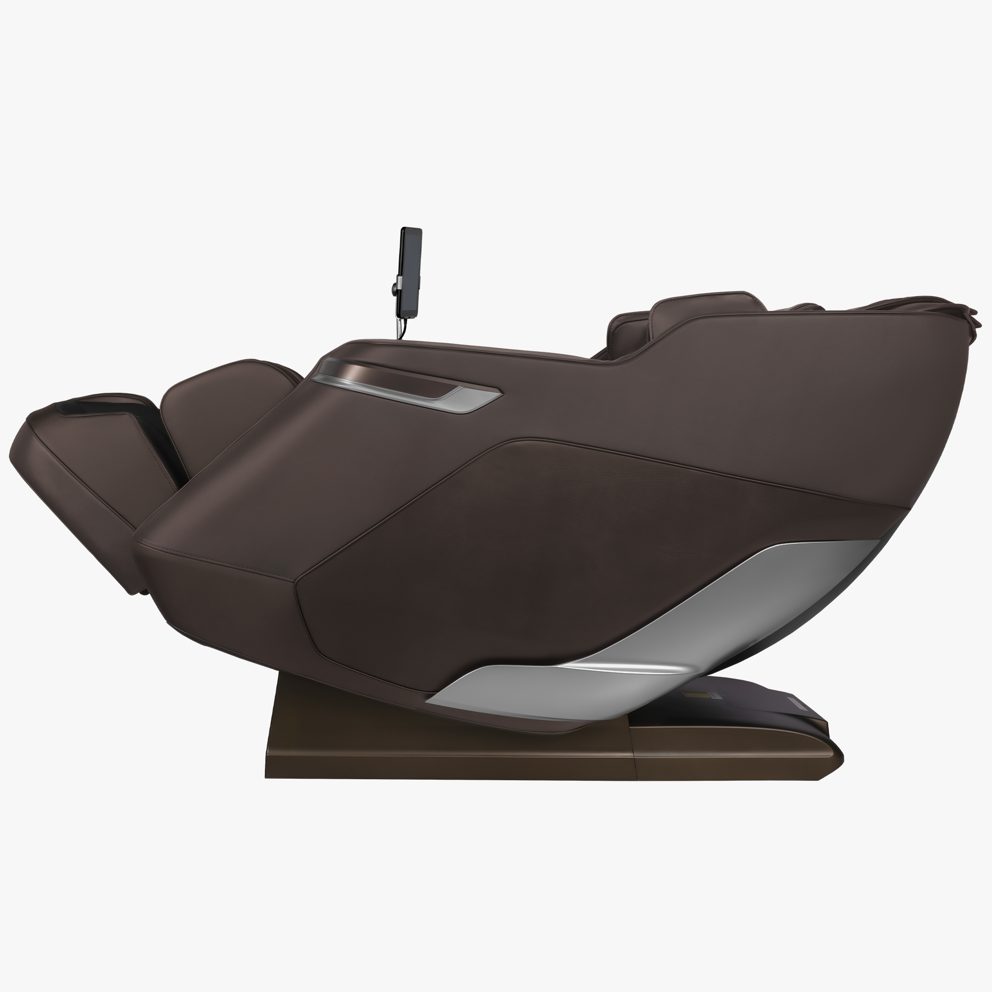 A dark brown massage chair with silver metallic accents and a matching brown base, shown from a side profile on a light gray background.
