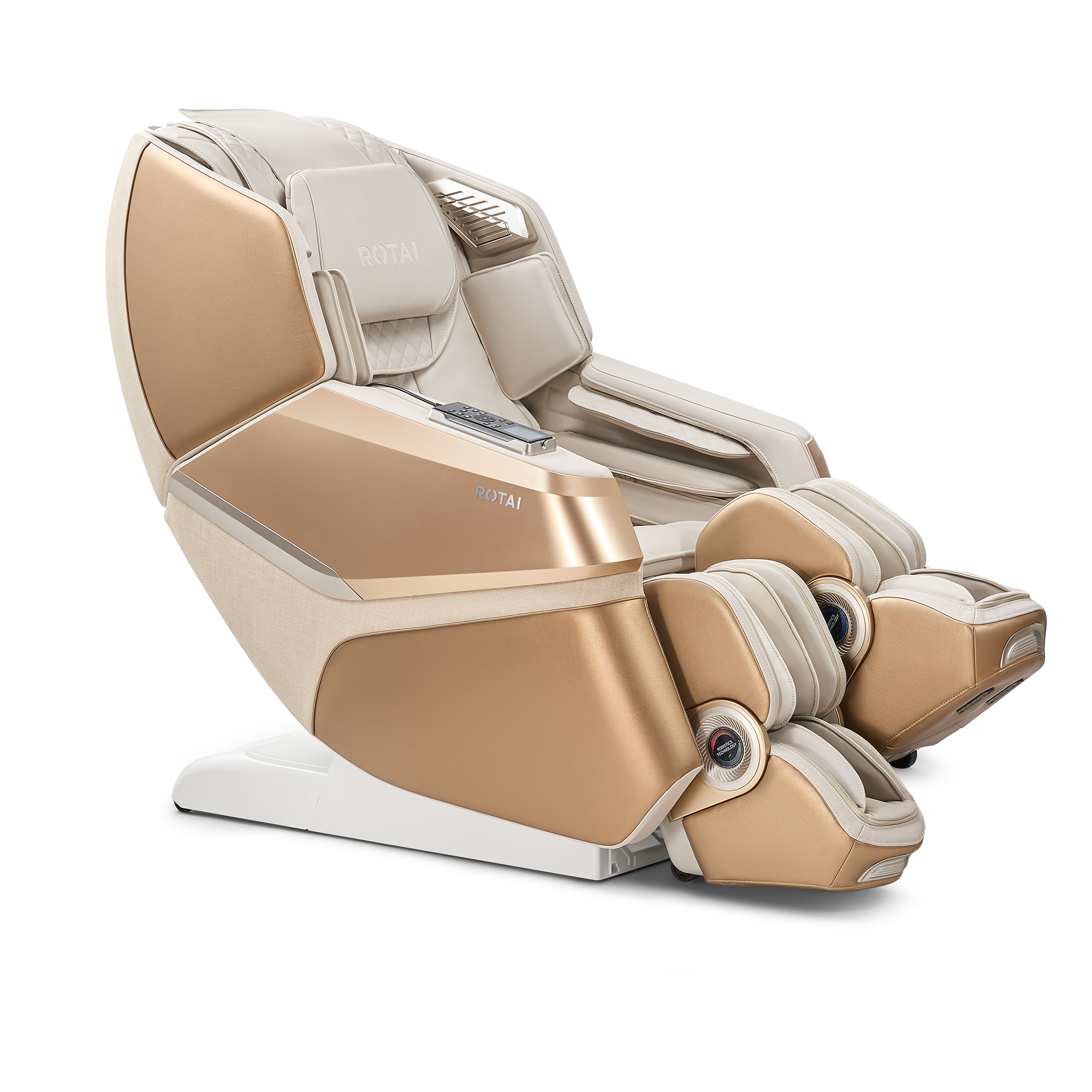 A modern full-body massage chair in champagne gold and beige, shown from a three-quarters angle on a solid white background. The brand name 'ROYAL' is visible on the side of the seat shell.