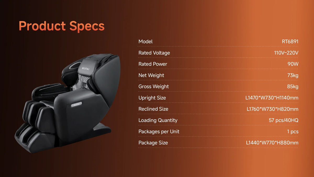 Product specifications chart for a black electric massager, featuring a product photo on the left and a list of details on the right against a dark brown to orange gradient background.