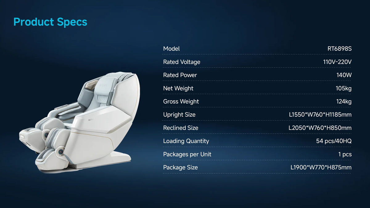 Product specifications table for a white massage chair shown on a dark blue background, with the chair pictured on the left and text listing model, voltage, power, weight, dimensions, and package size.