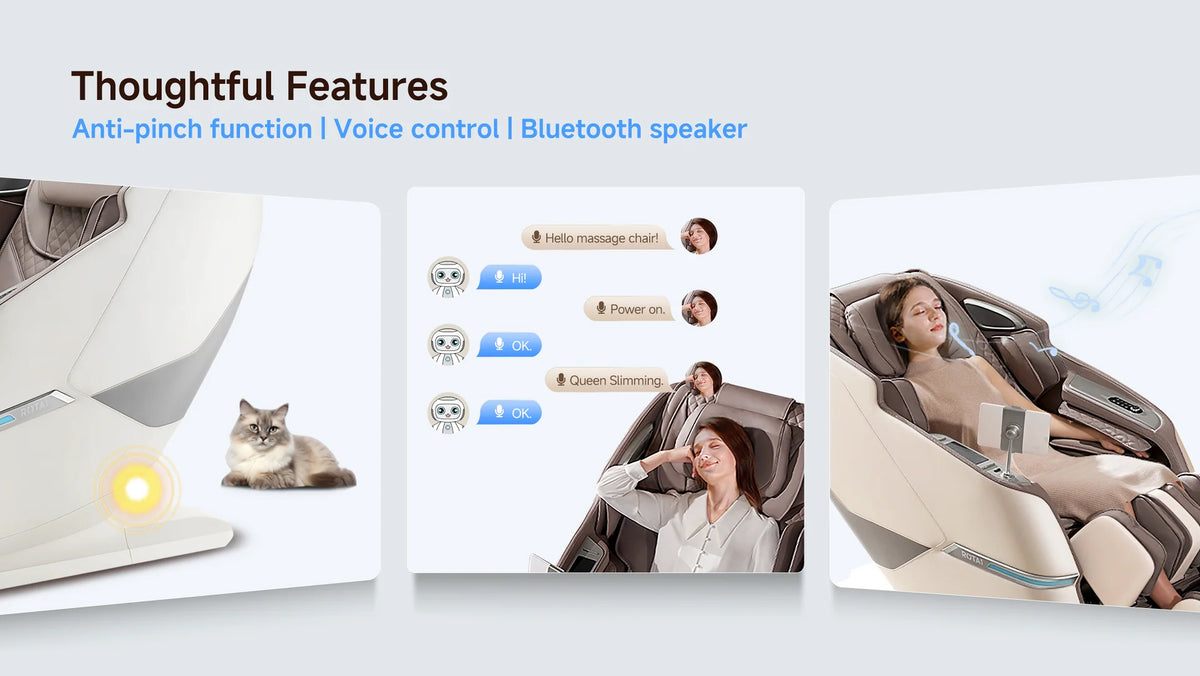 Promotional graphic for a massage chair showing three panels: a close-up of the chair with a cat on a mat, a chat interface with voice-control icons, and a woman reclining in the chair. Text at the top reads 'Thoughtful Features' and lists anti-pinch function, voice control, and Bluetooth speaker.