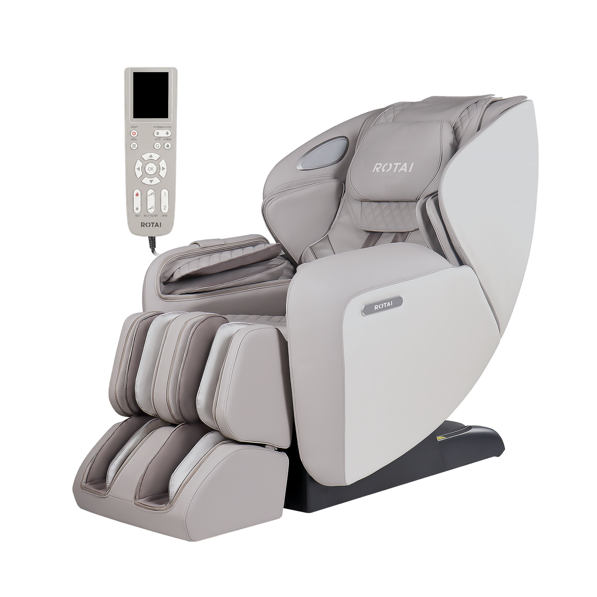 A ROTAI massage chair in light gray and white, shown with its matching remote control against a solid white background.