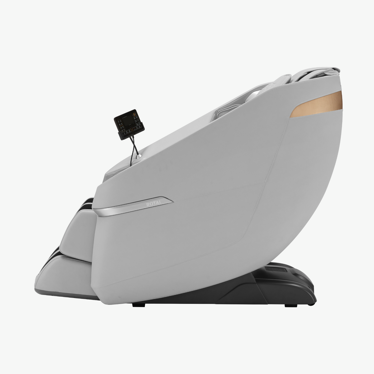 A modern side-profile view of a smart massage chair in light gray with a black base and a small black control pad on a clean white background.
