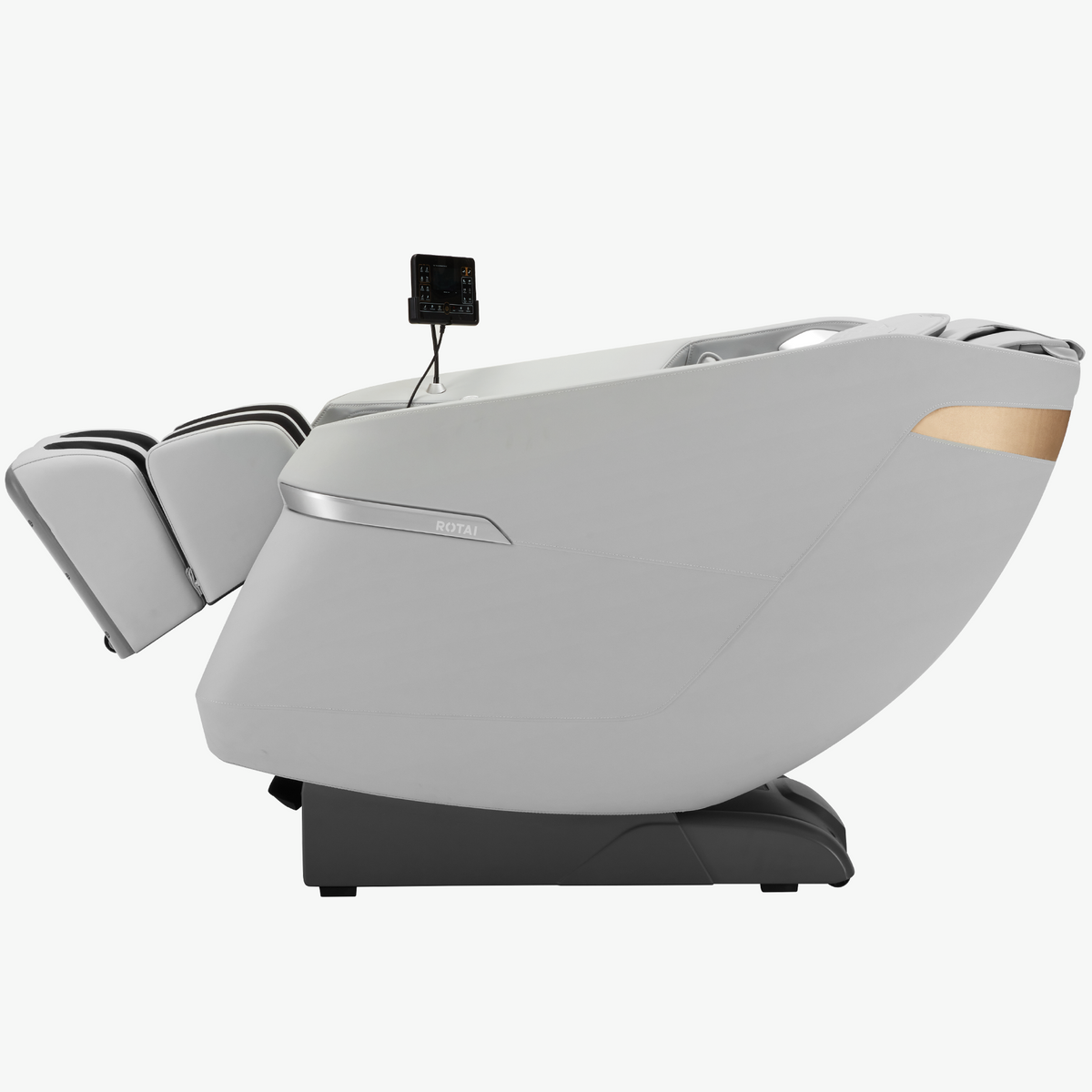 A modern white and gray automatic foot massage chair with an extended leg, a black control pad, and a gold accent strip on the side, shown against a plain white background.