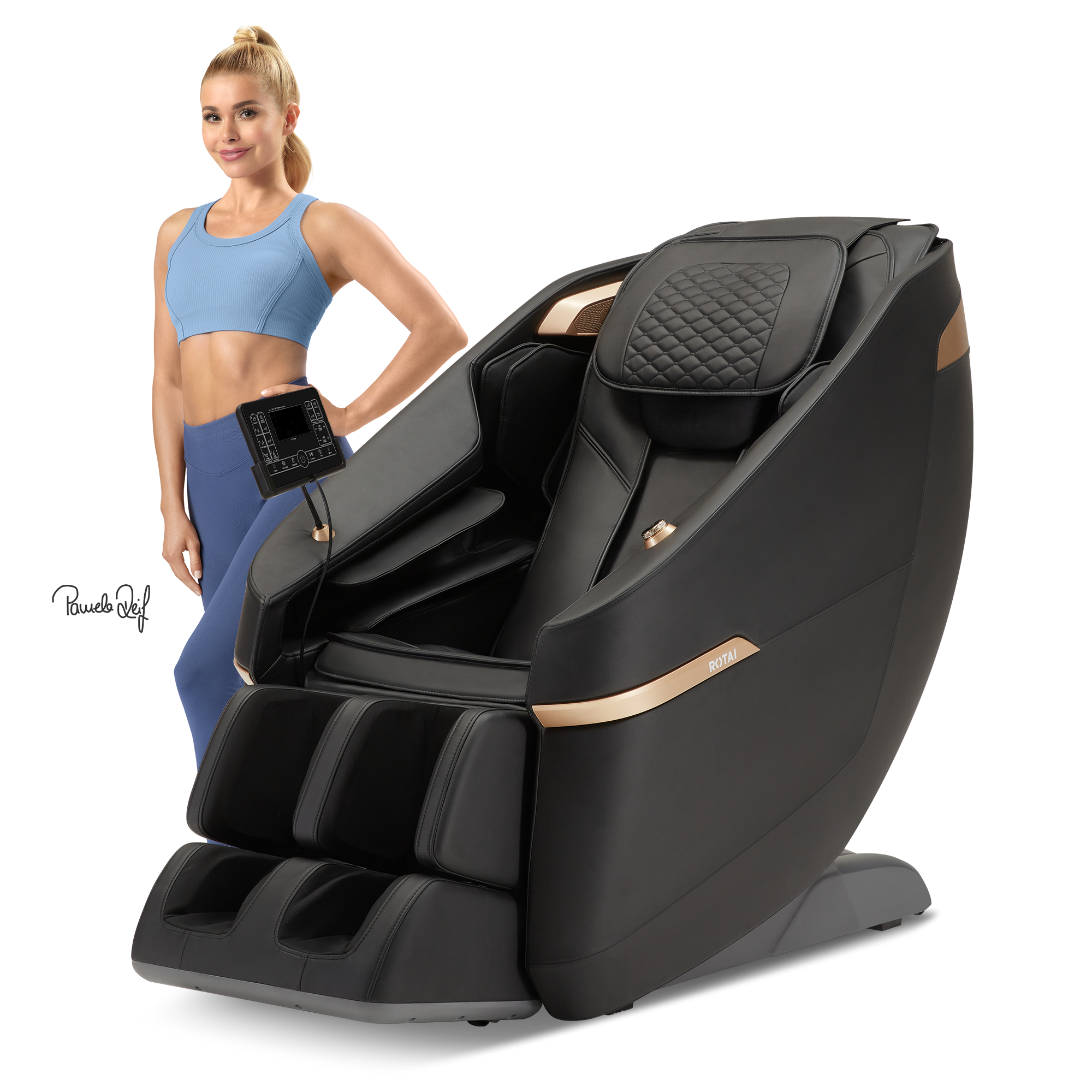 A woman in a blue sports bra and leggings stands beside a large black massage chair with a small attached control screen. The chair has quilted headrest padding and subtle gold-tone trim accents.