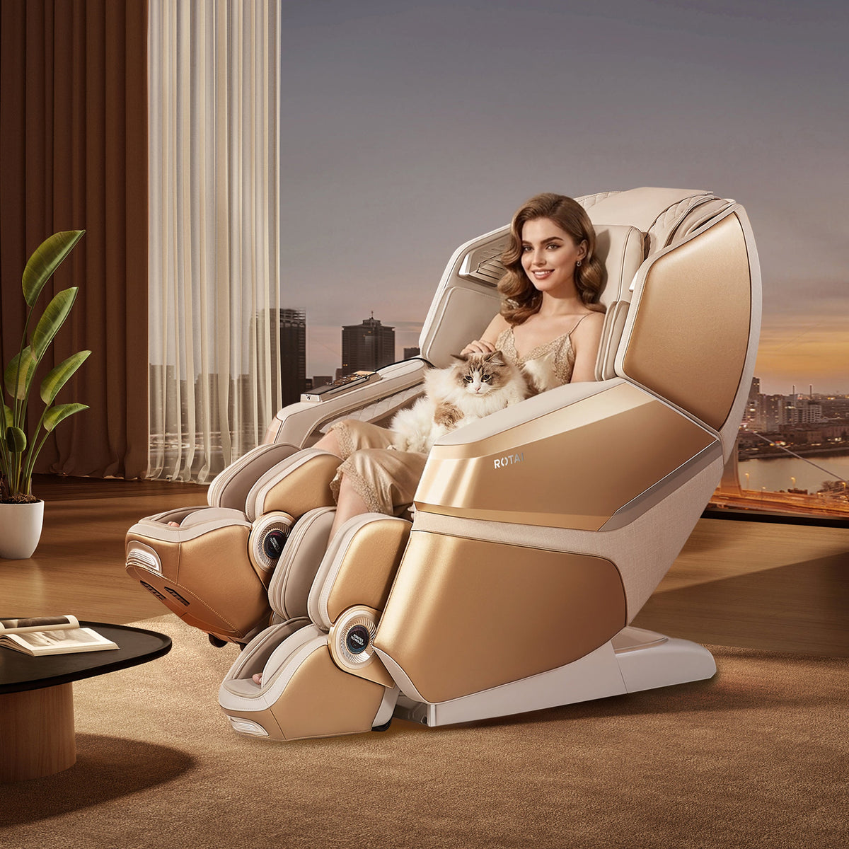 A woman sits in a plush, modern massage chair with a cat, set in a luxurious room with a city skyline view at sunset. The chair features a champagne gold and cream color scheme.