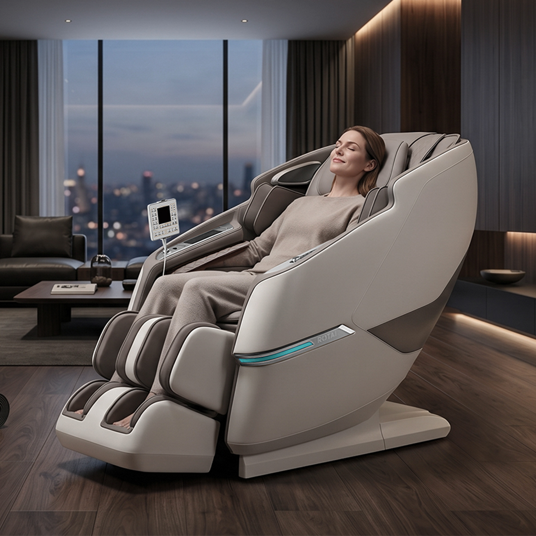 A woman reclines in a modern beige and gray massage chair in a luxury living room with a city skyline view at dusk.