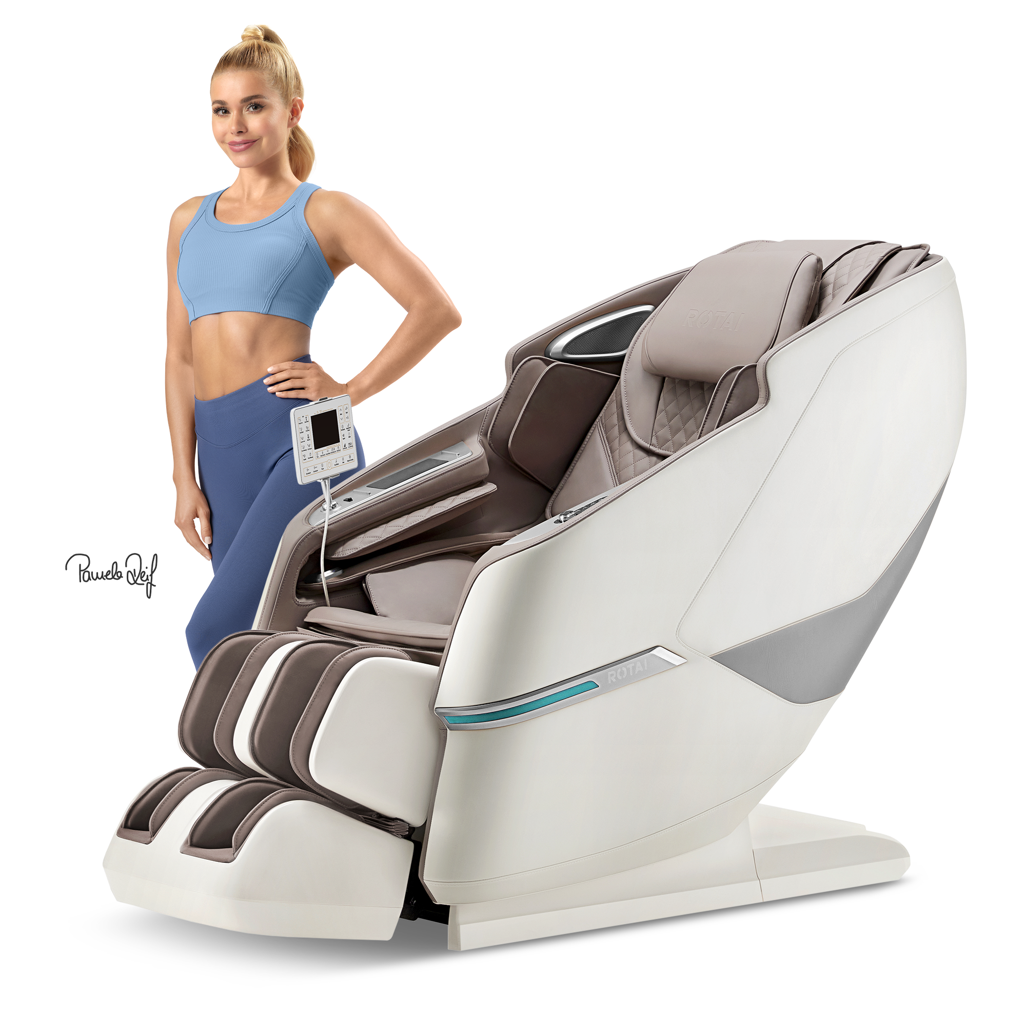 A woman in a blue sports bra and leggings stands beside a large white and taupe massage chair with a footrest extended, against a clean white background. A small control screen is attached near the armrest, and a script watermark appears on the left.