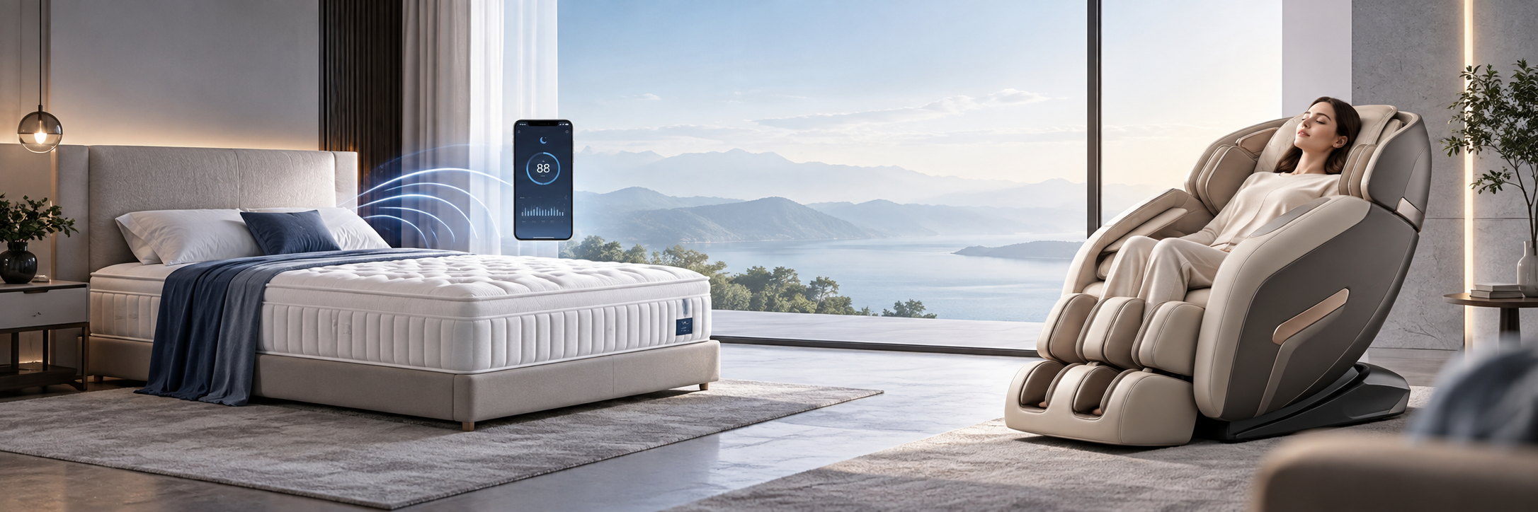 A woman relaxes in a large beige and gray massage chair in a modern bedroom with a large window overlooking a scenic ocean view. A white mattress is visible on the left, and a floating smartphone app screen is shown near the bed to illustrate a feature.