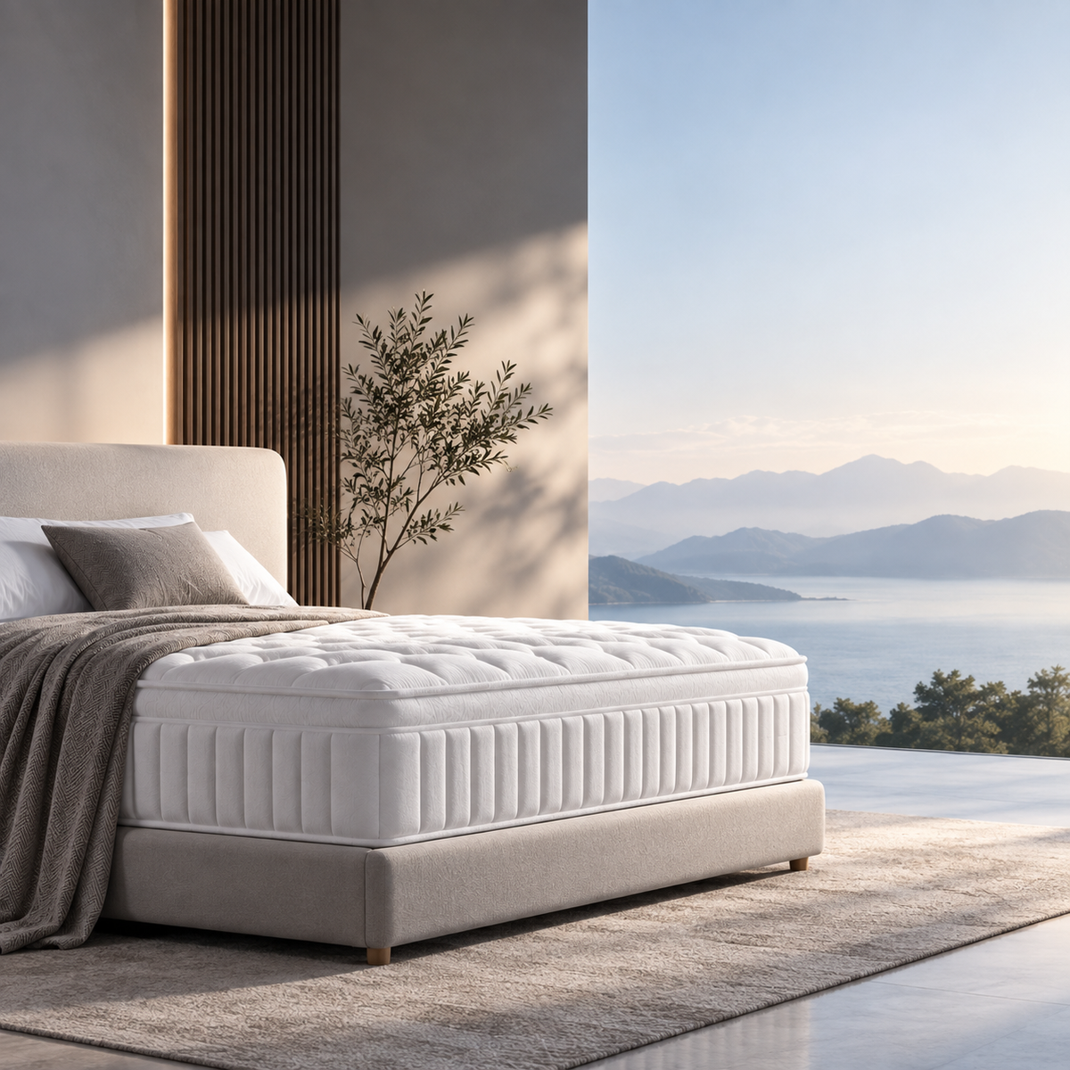A luxury tufted mattress on a matching upholstered bed base, styled in a modern bedroom with a scenic ocean and mountain view in the background.