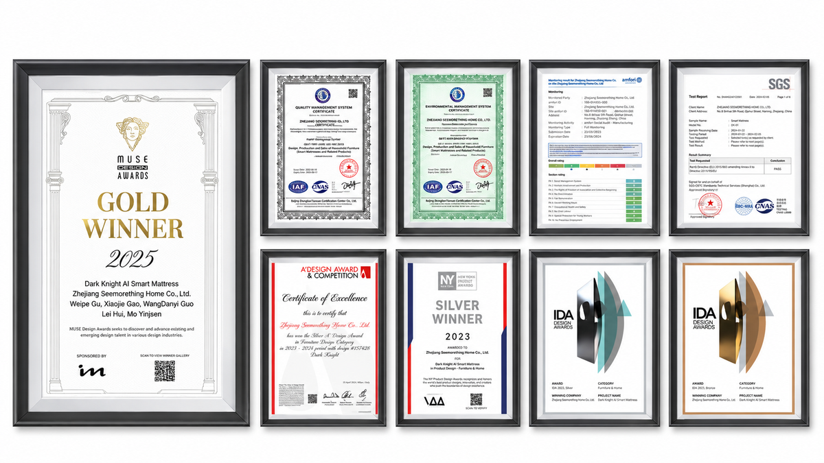 Eight framed award certificates and recognition plaques arranged in a grid on a white background. The largest left frame reads 'Gold Winner 2025' with additional award text and logos, while the surrounding frames include silver, gold, and other award certificates with black, green, blue, and red accents.