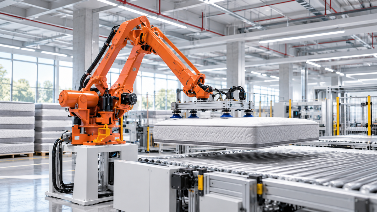 An orange industrial robotic arm lifts a white mattress on a conveyor belt inside a bright, modern factory with large windows and metal ceiling structures.
